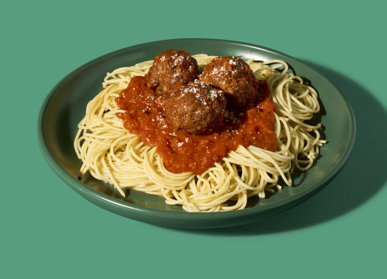 spaghetti pasta with tomato sauce and a large meatball