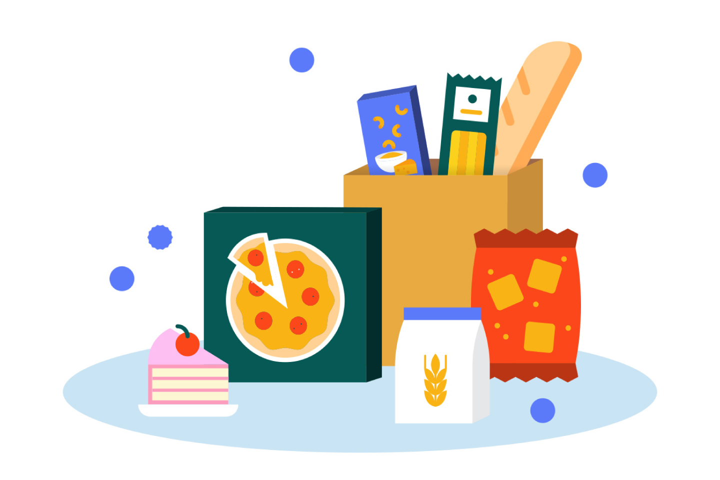 Illustration of a grocery bag with bread, pizza, crackers, and various other products