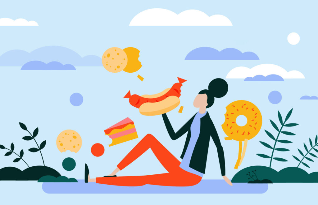 Illustration of a person eating a hot dog